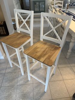 Solid Wood Height Barstool, Set of 2, White/Natural