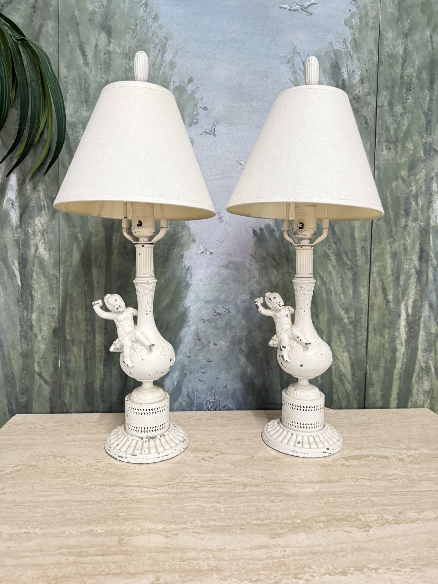 Pair of Antique Metal Lamps with Cherubs H23"/14"