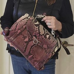 Authentic Salvatore Ferragamo Gancini Snakeskin Leather Satchel - Exotic Pink/Plum