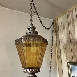 Antique Vintage Rare 60’s Amber Glass Hanging Lamp Light