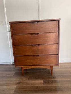 Ward Mid Century Modern Tallboy Dresser, Walnut Veneer, Sculpted Pulls