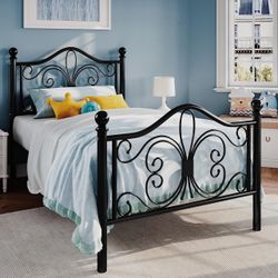 SHA CERLIN Twin Size Metal Bed Frame with Butterfly Headboard, Black