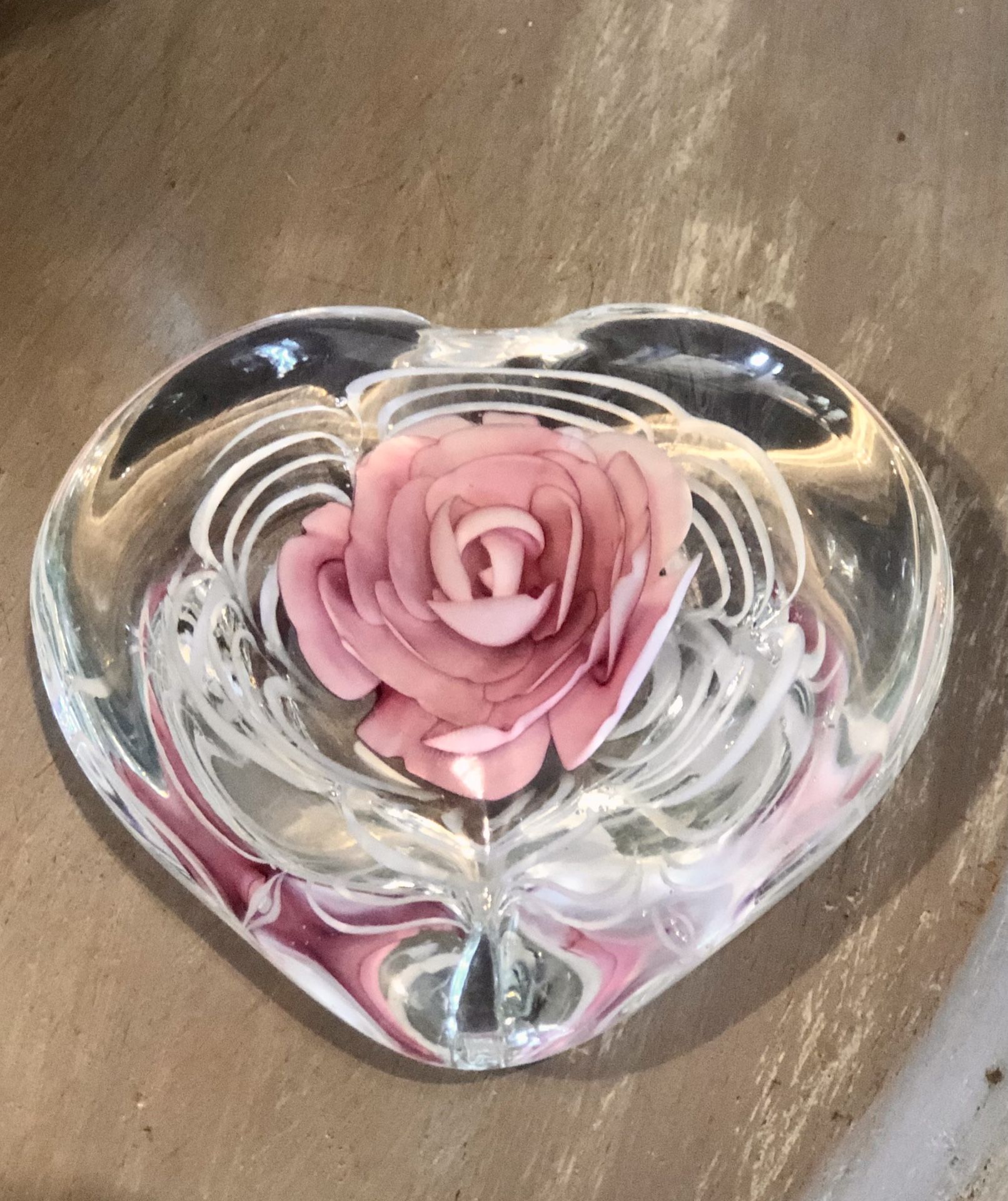 Vintage Art Glass Clear Glass Paperweight with Pink Flower Inclusion-Unique- EUC