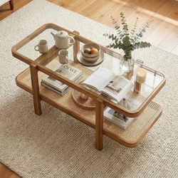 Rattan Coffee Table, 47.5” Rectangular Glass Top Coffee Table with Solid Wood Frame and PE Rattan Storage Shelf, 2-Tier Boho Farmhouse Center Table fo