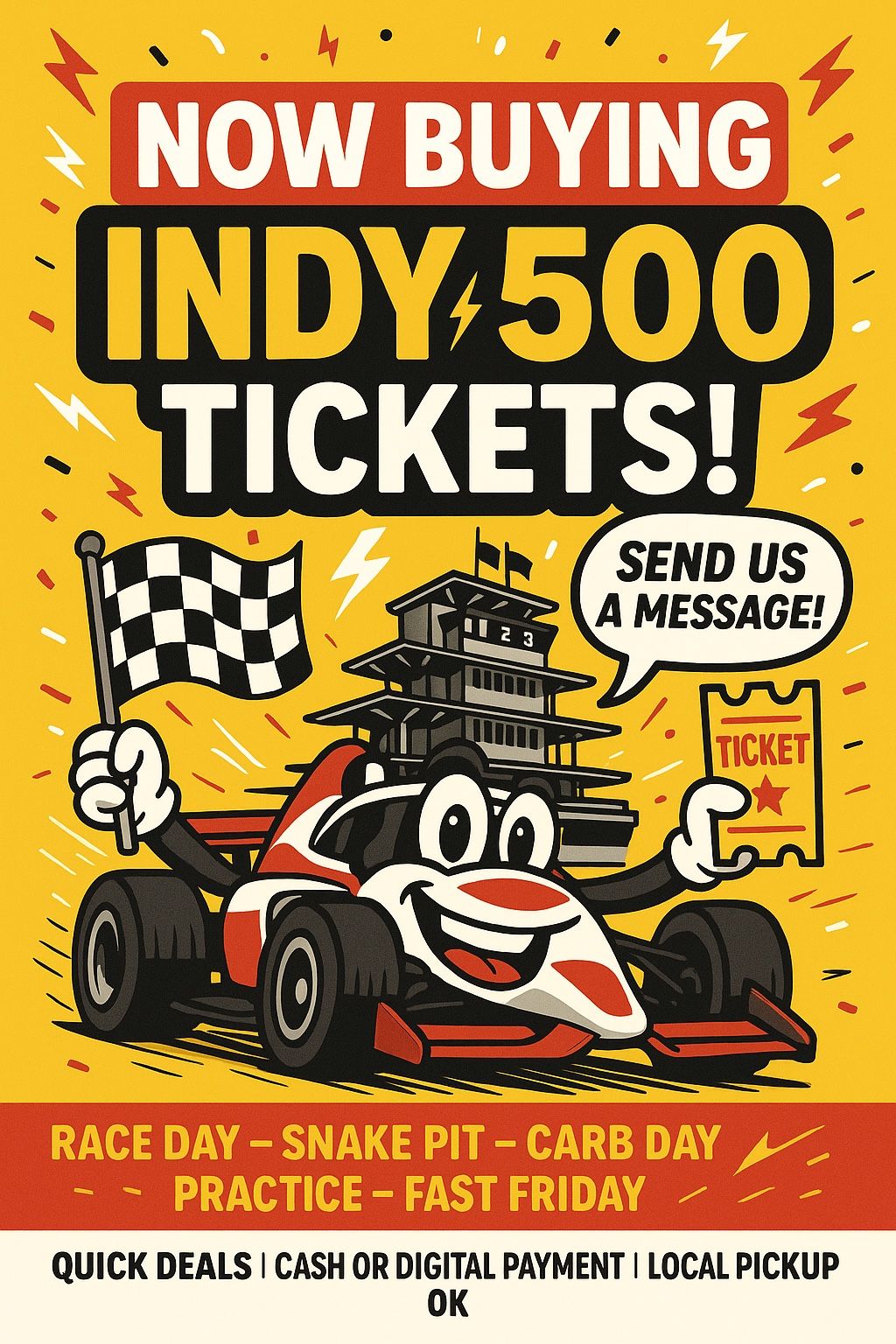 🚨 Buying Indy 500 Tickets – Any Day, Any Section! Local Pickup Available