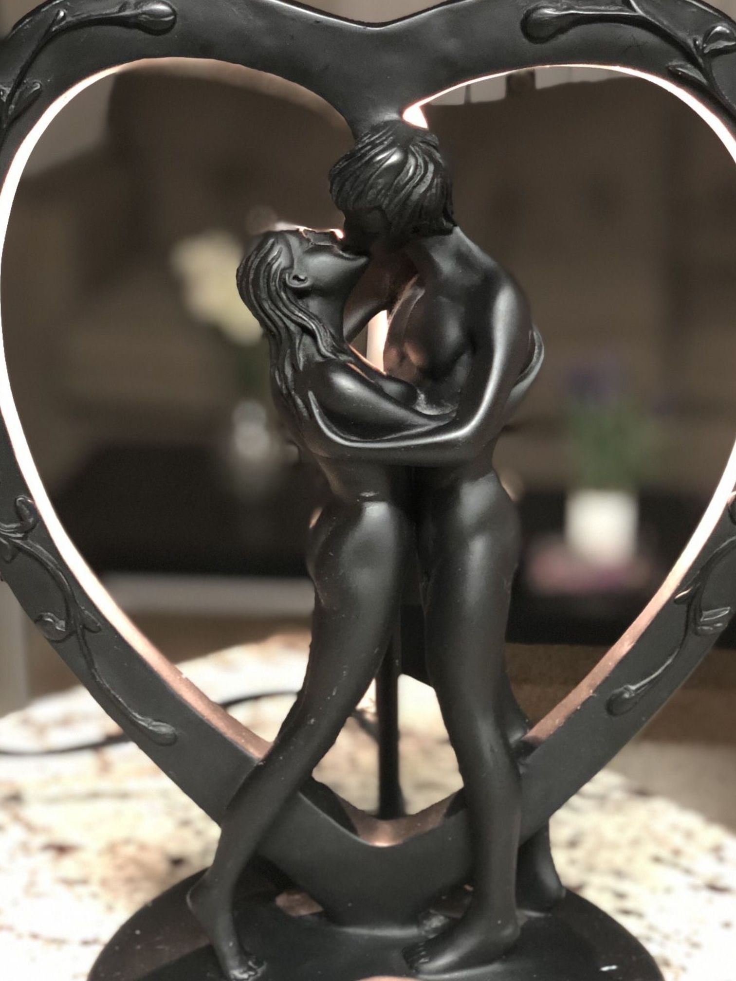 Vintage Black Art-Deco Nouveau Nude Woman Man Lovers Heart Table Light Lamp