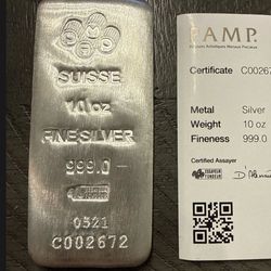 Pamp Suisse Cast 10 Ounce .999 Silver Bar With Assay Certificate
