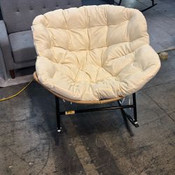New Assembled Papasan Rocking Chair, Oversized Wicker Rattan Recliner with Beige Cushion 450 Lbs
