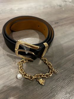 RISANTRY Black Belt for Women Gold Buckle with Chain Decoration Belts