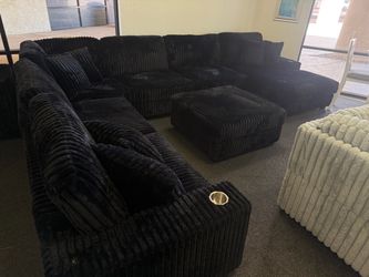 Black Corduroy Sectional Sofa with Ottoman