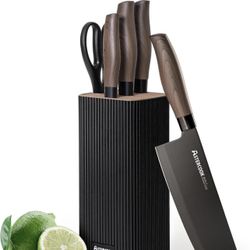 Astercook Knife Set, 6-Piece Kitchen Knife Set with Block, High Carbon Stainless Steel Ultra Sharp Kitchen Knives, Wood Grain Handle, Dishwasher Safe 