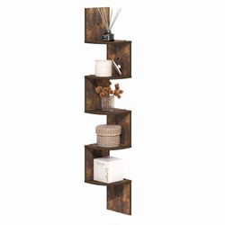 Rustic Wood Corner Wall Shelf – 5-Tier Zigzag Floating Shelf