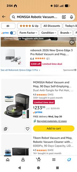 MONSGA Robotic Vacuum & Mop, 90-Day Self-Emptying, 8000Pa Suction