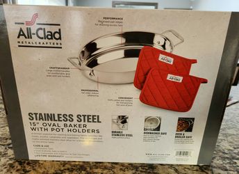 ALL-CLAD Stainless Steel 15 Oval Baker Roaster Pan & 2 Pot Holders NEW IN  BOX for Sale in Palatine, IL - OfferUp