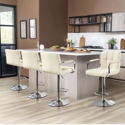 Bart Stools Set of 4, PU Leather Adjustable Barstools with Armrest, Counter Height Stool Chairs with Thickened Seat Cushion for Kitchen Island, Beige