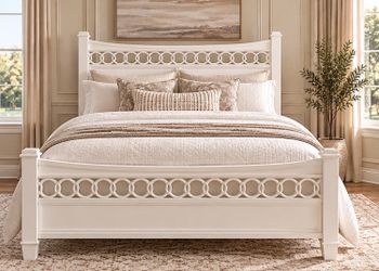 Queen  White Wood Bed Frame with Ring Detail