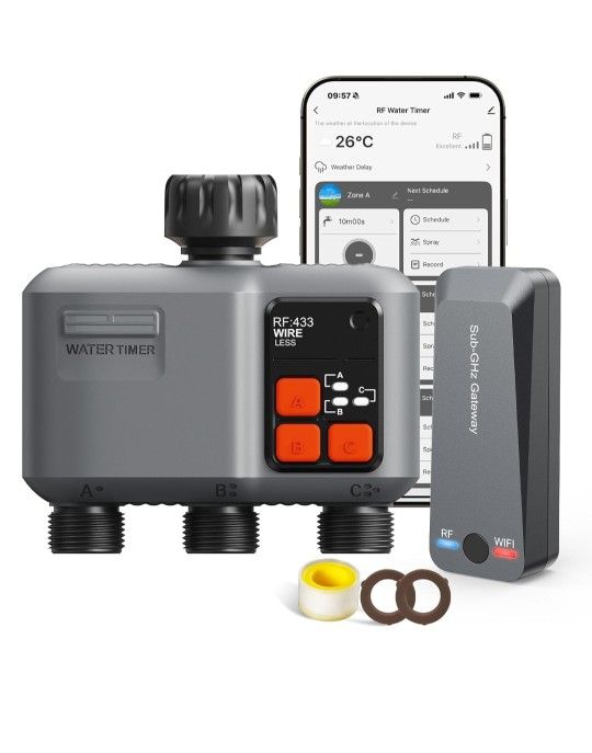 WiFi Sprinkler Timer 3 Zone with 984 Feet RF Gateway, 3 Outlet Smart Water Timer for Garden Hose with Rain Delay/Manual/Automatic,WiFi Water Hose Time