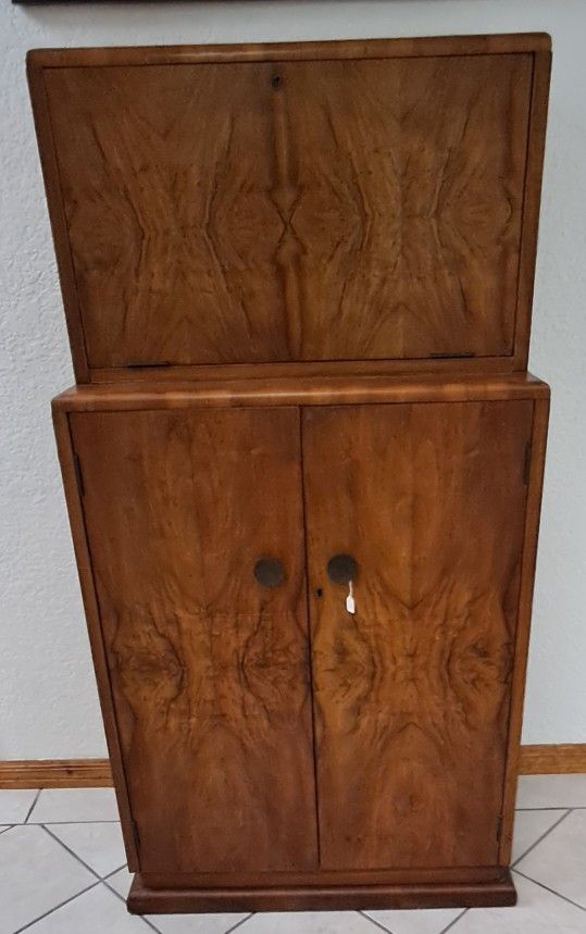 Antique English Art Deco Burr Walnut Bar Cabinet 1920