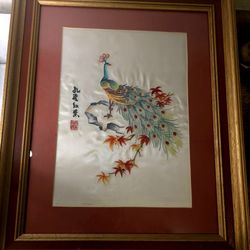 Vintage Traditional Chinese Handmade  Embroidery On Silk 17x21" Framed