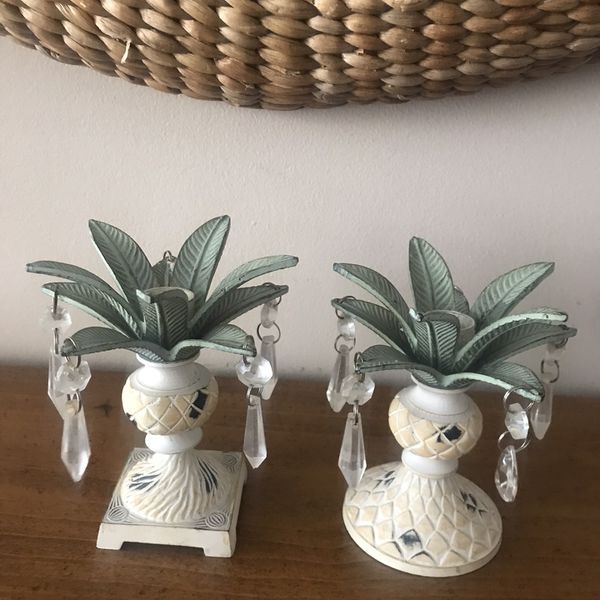 SET OF 2 NAUTICAL TROPICAL PALM LEAF WHITE WASHED BRONZE 5” CANDLE HOLDERS WITH HANGING PRISMS