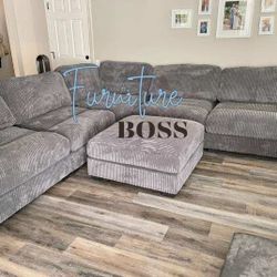 Grey Sectional Sofa - Soft Corduroy Fabric - Large Deep Seating