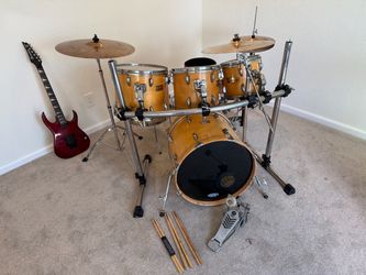 6 piece maple lacquer complete drum set 20” virgin bass rack Zildjian ZBT cymbals DW pedal new throne$675cash in Upland 91784. By Peace. Free guitar m