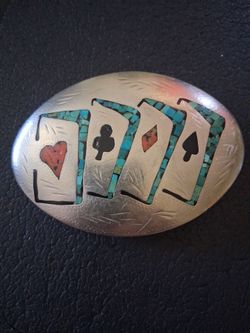 Native American Turquoise Inlay Playing Cards Belt Buckle
