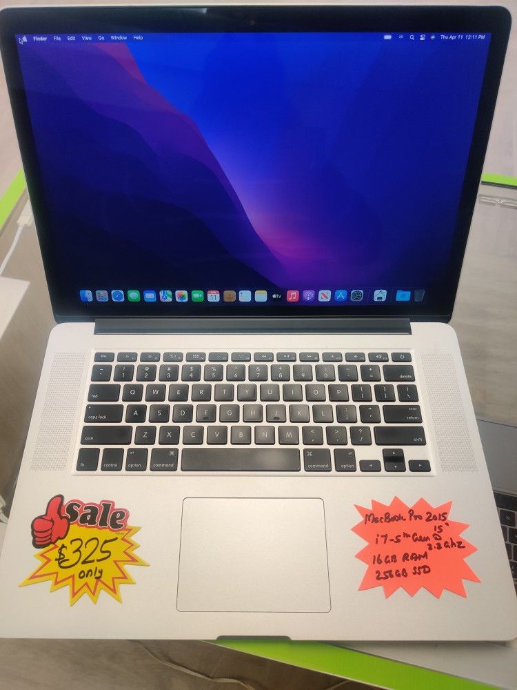 MacBook Pro 2015 15" Retina Intel Core i7-4th , 16gb Ram, 256gb SSD, macOS Monterey, Microsoft Office, Charger . $90 worth of Microsoft Off