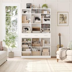 75" Tall Book Shelf and Bookcase, 47" Wide Bookshelf with Drawers, Modern 9 Tier Bookcase with Storage, Large Wood Display Cabinet with Adjustable She