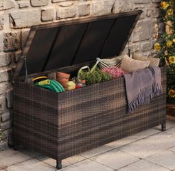 Outdoor 70 Gallon Wicker Storage Box with Waterproof Liner, Patio PE Rattan Storage Container for Outside, Deck Box with Hinged Lid for Cushions, Pill