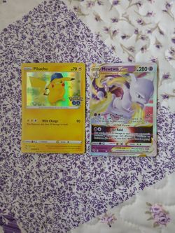 Pokemon Mewtwo and Pikachu pokemon card holographic