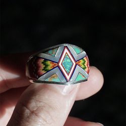 Navajo Power Ring Sterling Silver Opal & Turquoise 