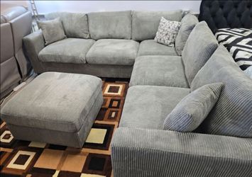 Brand New Grey Corduroy Sectional Sofa +Ottoman (New In Box)