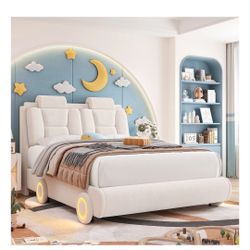 Keyluv Queen Upholstered Led Bed Frame with Wheels Decor & Adjustable Curved Headboard Modern Car-Shaped Platform Bed with Detachable Pillows Solid Wo
