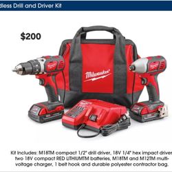 Milwaukee Cordless Drill & Driver Set $200