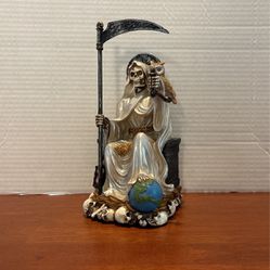 9" Tall Holy Death Santa Muerte Of Holy Purification With Scythe And Scales Sitting On Throne Day of The Dead A31