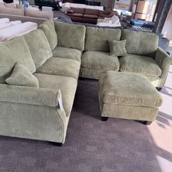 Green Corduroy Sectional And Ottoman