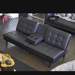 Black Leather Futon Bed Couch