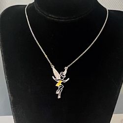 Disney Tinker Bell Outline Standing Silver Tone Necklace 19in Long 