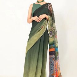 Imran Aftab green digitally printed chiffon saree with a raw silk blouse
