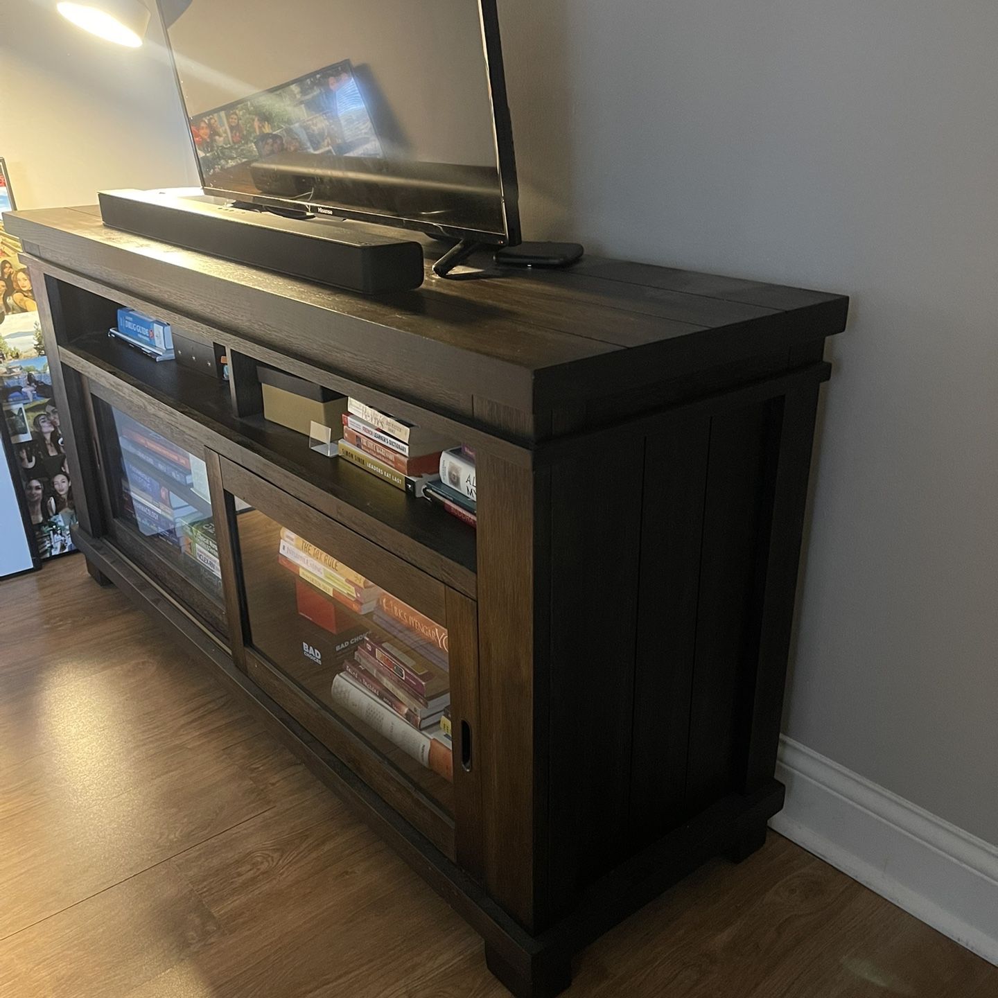 Dark brown wood TV stand 64” 