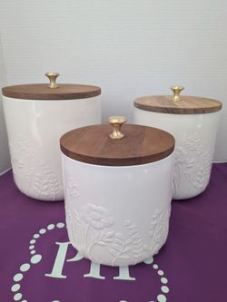 White Ceramic Canister Set with Wood Lids