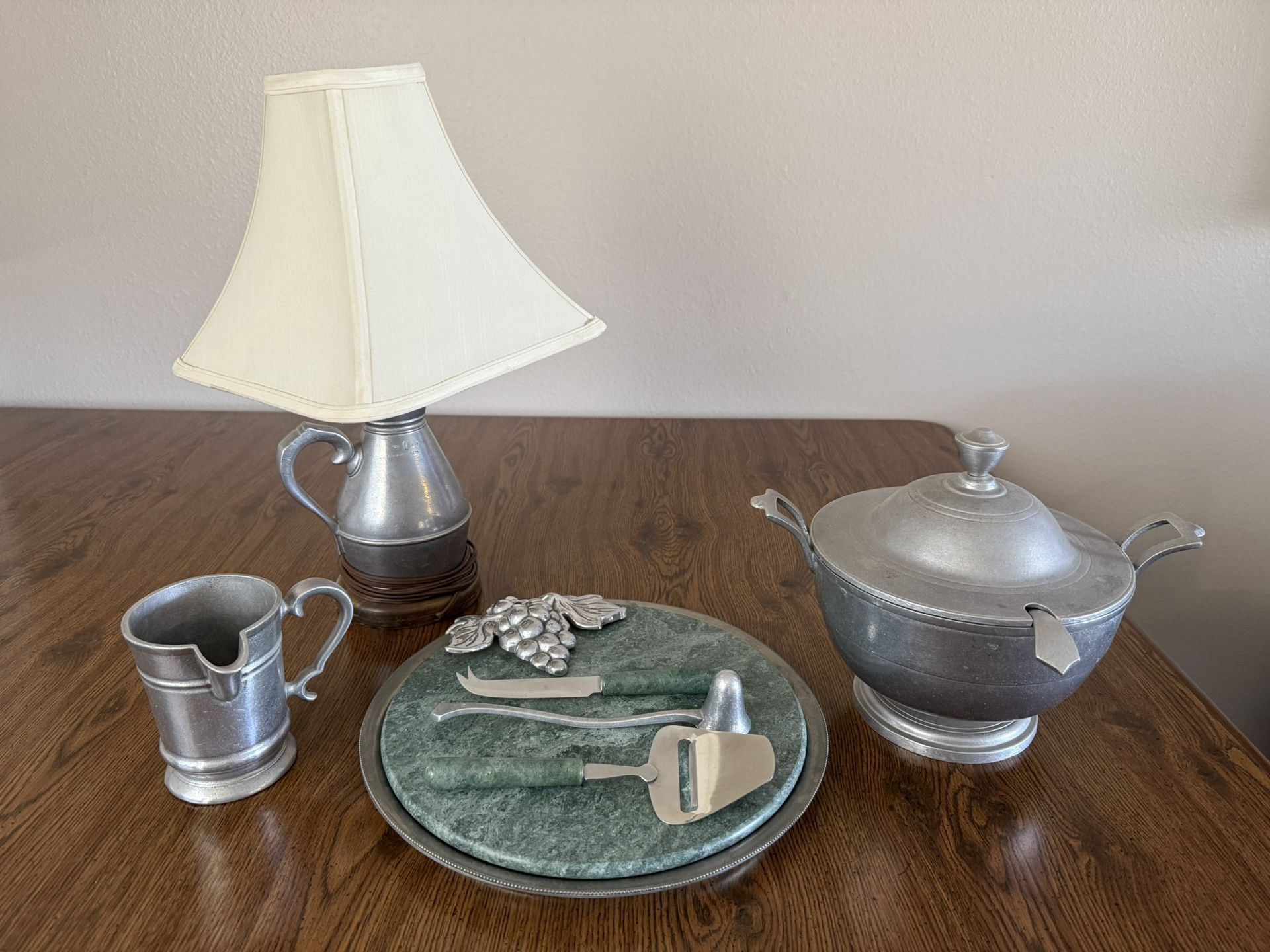 Antique Pewter Serving Set & Lamp