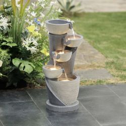 LuxenHome Gray Cascading Bowls And Column Resin Outdoor Fountain With Led Lights