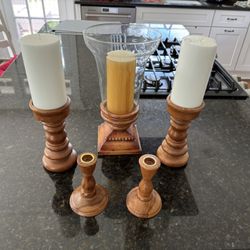 🕯️ Rustic Turned Wood Candlestick Set Mixed Height w/3 Candles