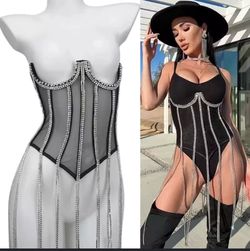 DIAMOND RHINESTONE EMBELLISHED F RINGE CORSET only color orange