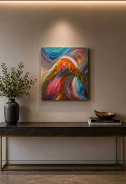 One-of-a-kind original abstract expressionist painting featuring a luminous feminine figure emerging through flowing waves of color and energy. Rich l