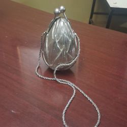 Silver Metal Minaudière Evening Clutch Bag