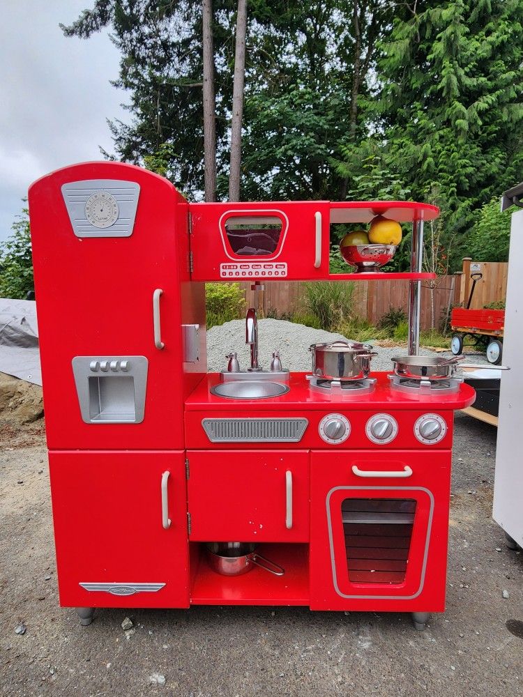 Kid Red Kitchen With Little Toys