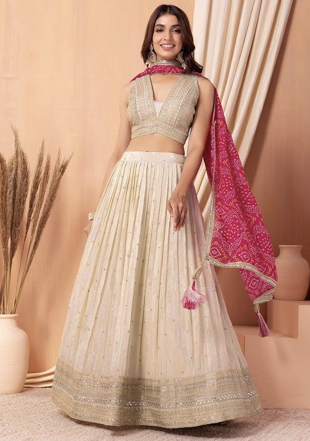 Ivory Silk Lehenga with Embroidered Blouse & Bandhej Dupatta